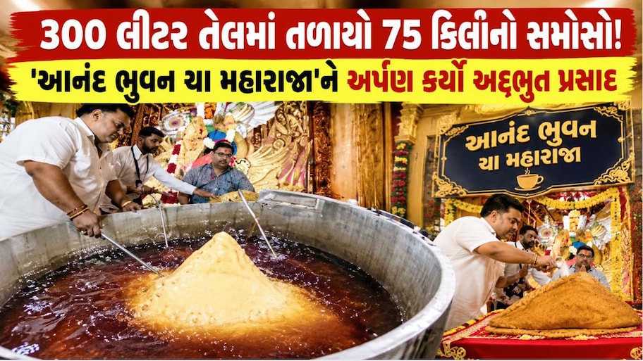 નવસારીમાં અનોખી ભક્તિ: આનંદ ભુવનની ચાલમાં 'બાળ ગણેશ'ને ધરાવાયો 45 કિલો મોહનથાળથી ભરેલો 75 કિલોનો મહાકાય સમોસો