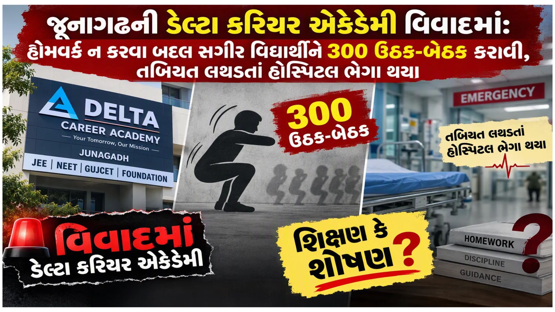 જૂનાગઢમાં શિક્ષણના નામે લાંછન! અસાઇનમેન્ટ અધૂરું રહેતાં ધોરણ-12ના વિદ્યાર્થીને ૩૦૦ ઉઠક-બેઠકની ક્રૂર સજા, વિદ્યાર્થી ICUમાં જૂનાગઢમાં શિક્ષણના નામે લાંછન! અસાઇનમેન્ટ અધૂરું રહેતાં ધોરણ-12ના વિદ્યાર્થીને ૩૦૦ ઉઠક-બેઠકની ક્રૂર સજા, વિદ્યાર્થી ICUમાં
