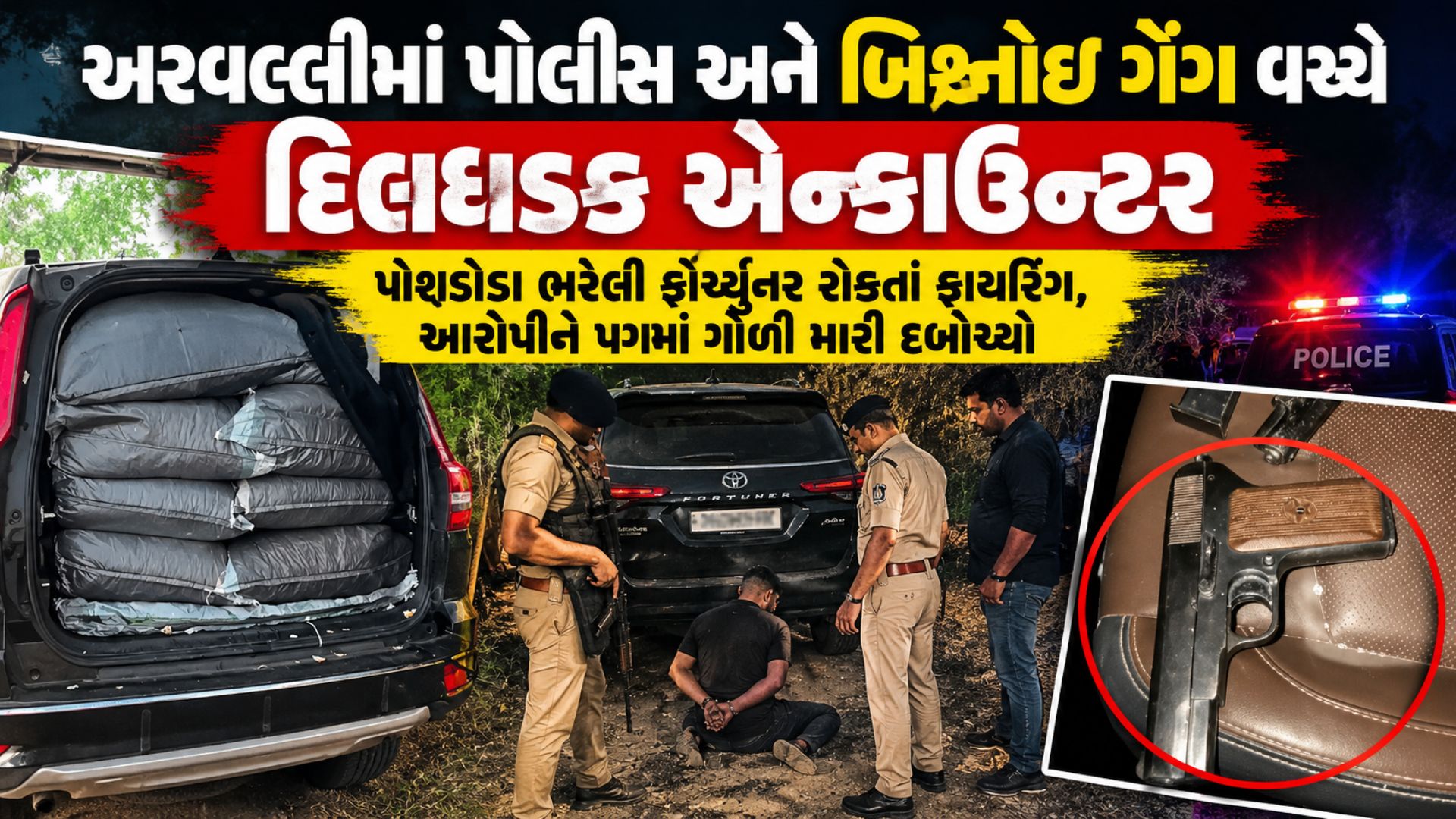 અરવલ્લીમાં વહેલી સવારે ફરી ગુંજ્યા ગોળીબારના અવાજ: પોલીસ અને બિશ્નોઈ ગેંગ વચ્ચે સામસામે ફાયરિંગ, પોશડોડા ભરેલી ફોર્ચ્યુનર કાર જપ્ત! અરવલ્લીમાં વહેલી સવારે ફરી ગુંજ્યા ગોળીબારના અવાજ: પોલીસ અને બિશ્નોઈ ગેંગ વચ્ચે સામસામે ફાયરિંગ, પોશડોડા ભરેલી ફોર્ચ્યુનર કાર જપ્ત!